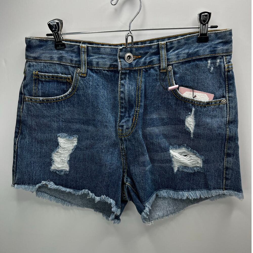 Avec Les Filles Distressed High Rise Rigid Cut Off Shorts Blue Women 28 NWT